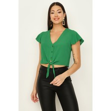 Select Moda Kadın Ekru V Yaka Önden Bağlamalı Crop Gömlek