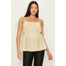 Select Moda Kadın Krem Askılı Beli Lastikli Bluz