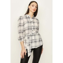 Select Moda Kadın Krem Kareli Kolları Lastikli Kuşaklı Gömlek