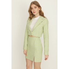 Select Moda Kadın Yeşil Kazayağı Desen Yırtmaçlı Mini Etek