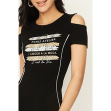 Select Moda Kadın Siyah Omuz Dekolteli Örme Bodycon Elbise