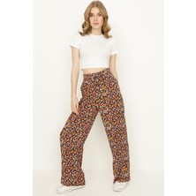 Select Moda Kadın Siyah Çiçek Desenli Geniş Paça Pantolon