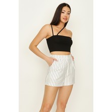 Select Moda Kadın Ekru Çizgili Mini Şort