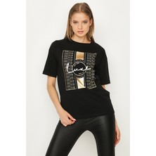 Select Moda Kadın Siyah Baskılı T-Shirt