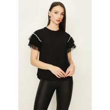 Select Moda Kadın Siyah Kolları Inci ve Fırfır Detaylı Bluz