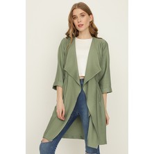 Select Moda Kadın Haki Şal Yaka Beli Lastikli Uzun Ceket