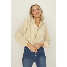 Select Moda Kadın Krem Önden Fermuarlı Ince Ceket