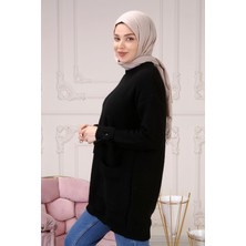 İlmek Kadın Siyah Kolu Püsküllü Tek Cepli Triko Tunik 4275