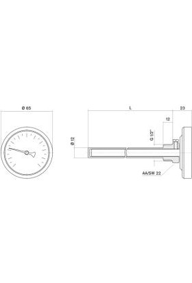 Pakkens Termometre 0-200 °c Çap 63 mm Daldırma Boyu 5 cm Arkadan Bağlantılı G 1/2 Inç