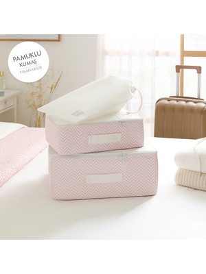 Ocean Home Textile 3'lü Yıkanabilir Pembe Desenli Pamuklu Kumaş Valiz Düzenleyici Bavul İçi Organizer Set