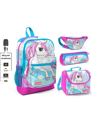 Coral High Mavi Unicorn Baskılı 4'lü Kız Çocuk Ilkokul Çanta Seti - USB Soketli