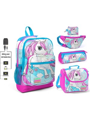 Coral High Mavi Unicorn Baskılı Kız Çocuk Ilkokul 5'li Çanta Seti - USB Soketli
