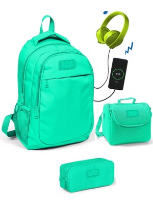 Yaygan Coral High Kız Çocuk Su Yeşili 3'lü Okul Çantası Takımı USB Soketli Kullanışlı Tasarım