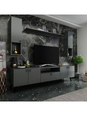 Myniture Ideal Tv Ünitesi + Duvar Raf ve Duvar Dolaplı Q7023-4 Antrasit