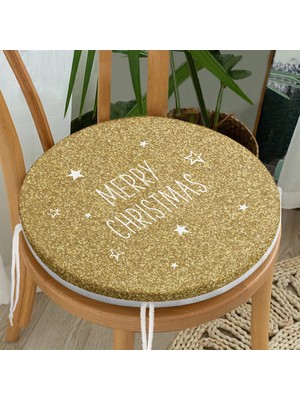 Real Homes Gold Zeminde Merry Christmas Yazılı Dijital Baskılı Modern Yuvarlak Fermuarlı Sandalye Minderi