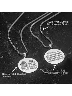 Takılingo 925 Ayar Gümüş Çift Taraflı Ayetel Kürsi Nas ve Felak Sureleri Işlemeli Dua Kolye