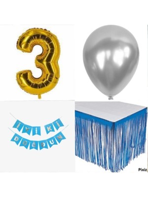 Bal10 Dünyası Doğum Günü Parti Seti 3 Rakam Mavi Konsept