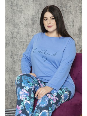 Confeo Battal Yayık Yaka Önü Baskılı Mavi Gül Desenli Pijama Takımı