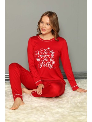Confeo Kırmızı Kadın Yılbaşı Temalı Viscon Pijama Takımı