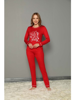 Confeo Kırmızı Kadın Yılbaşı Temalı Viscon Pijama Takımı