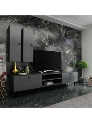 Myniture Ideal Tv Ünitesi + Duvar Raf ve Duvar Dolaplı Q7022-4 Antrasit