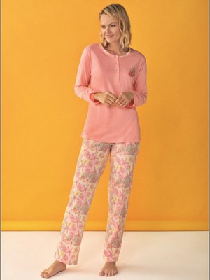 Over SLEEP118 Kadın Yazlık Pamuk Uzun Kol Pijama T
