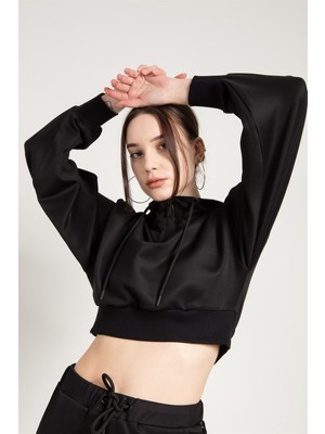 Jahr Marc Crop Fit Siyah Kapüşonlu Sweatshirt