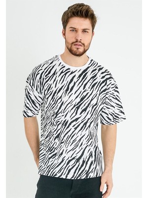 JAHR MARC Leopar Baskılı Oversize Beyaz Erkek T-shirt