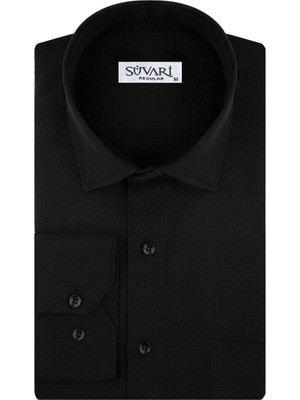 Süvari GM2025000183 Klasik Yaka  Regular Fit Armürlü Siyah Erkek Gömlek