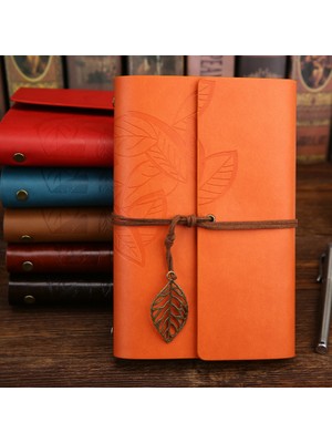 Mobgift Yaprak Tasarımlı Retro Deri Defter + Kalem Hediyeli (Turuncu)
