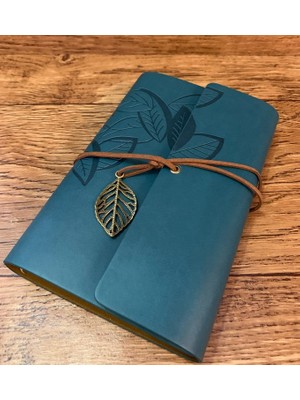 Mobgift Yaprak Tasarımlı Retro Deri Defter + Kalem Hediyeli (Petrol Mavisi)