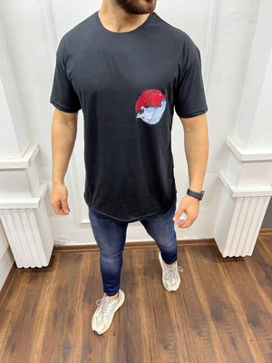 Yonez Moda Erkek Siyah Ay Kurt Baskılı Oversıze
