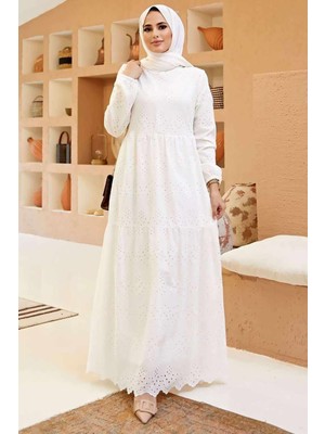 Güpürlü Elbise Boydan Astarlı Pamuk Kumaş Beyaz