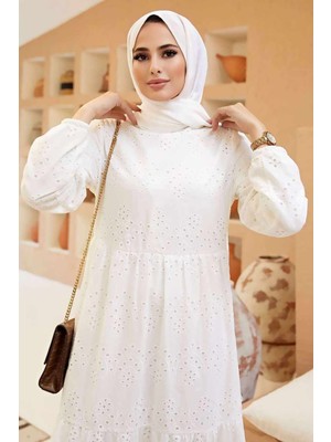 Güpürlü Elbise Boydan Astarlı Pamuk Kumaş Beyaz