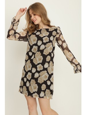 Select Moda Kadın Siyah Krem Çiçek Desenli Şifon Elbise