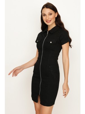 Select Moda Kadın Mavi Fermuar Kapamalı Mini Denim Elbise