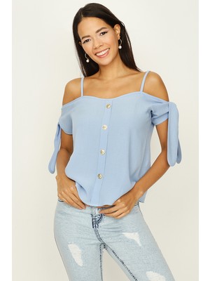 Select Moda Kadın Siyah Choker Yaka Kol Detaylı Bluz