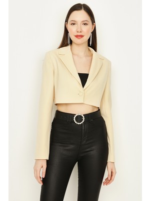 Select Moda Kadın Mavi Tek Düğme Kapamalı Crop Blazer Ceket
