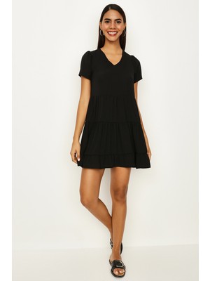 Select Moda Kadın Kiremit V Yaka Geniş Kesim Mini Elbise