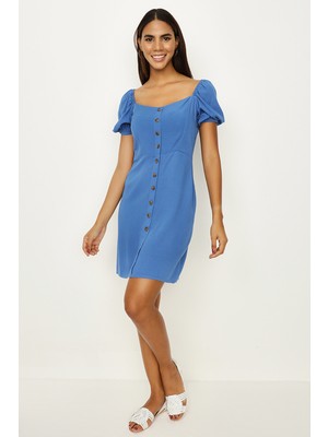 Select Moda Kadın Mavi Düğme Detaylı Balon Kollu Elbise