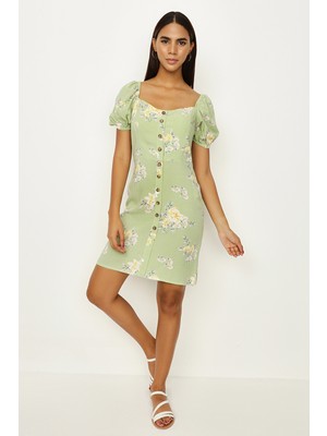 Select Moda Kadın Mavi Düğme Detaylı Balon Kollu Elbise