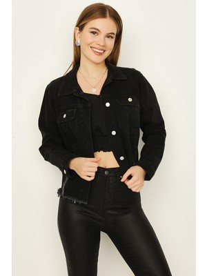 Select Moda Kadın Siyah Düğmeli Etek Ucu Püsküllü Crop Denim Ceket