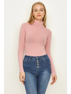 Select Moda Kadın Pembe Balıkçı Yaka Alttan Çıtçıtlı Body