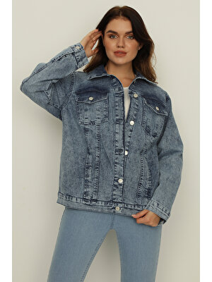 Select Moda Kadın Mavi Cepli Oversize Denim Ceket