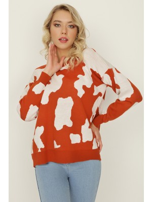Select Moda Kadın Kiremit Rengi Dalmaçya Desenli Triko Kazak