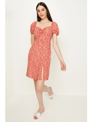 Select Moda Kadın Kiremit Rengi Çiçekli Balon Kollu Elbise