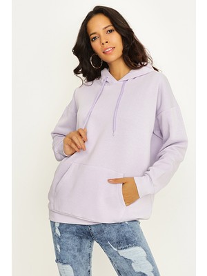 Select Moda Kadın Gri Kapüşonlu Basic Sweatshirt