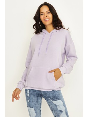 Select Moda Kadın Gri Kapüşonlu Basic Sweatshirt