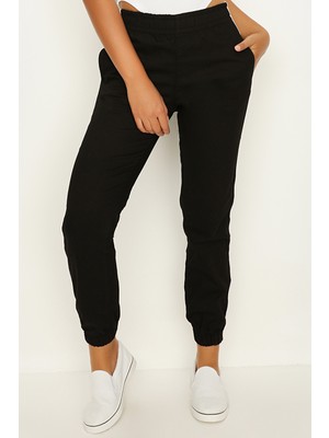 Select Moda Kadın Siyah Kontrast Şerit Detaylı Jogger Pantolon