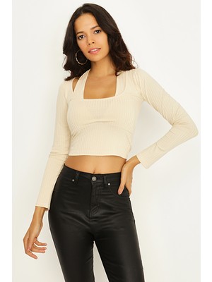 Select Moda Kadın Krem Boyundan Bağlama Detaylı Crop Top